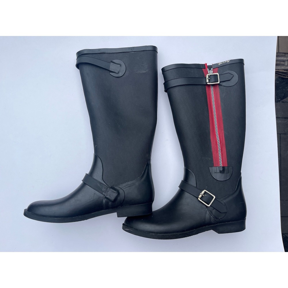 Be Only Black Rubber Rain Boots Red Zipper Equestrian Tall Waterproof Size 39